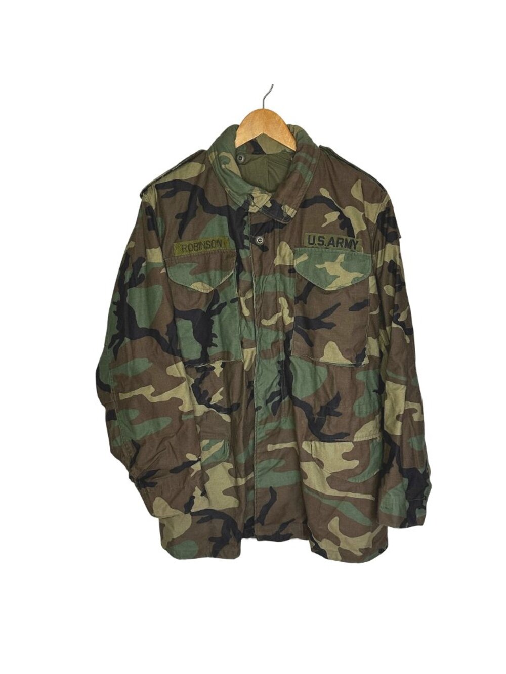 Vintage US Army M65 Field Jacket Woodland Camo Airborne 82nd Patch Small Long